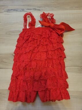 Girl's Red Lace Tiered Ruffle Romper with Bow